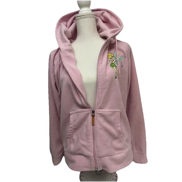 Disney Vintage Tinkerbell Pink Fleece Zip Up Hoodie Bling Jacket XL Pockets - Picture 2 of 9